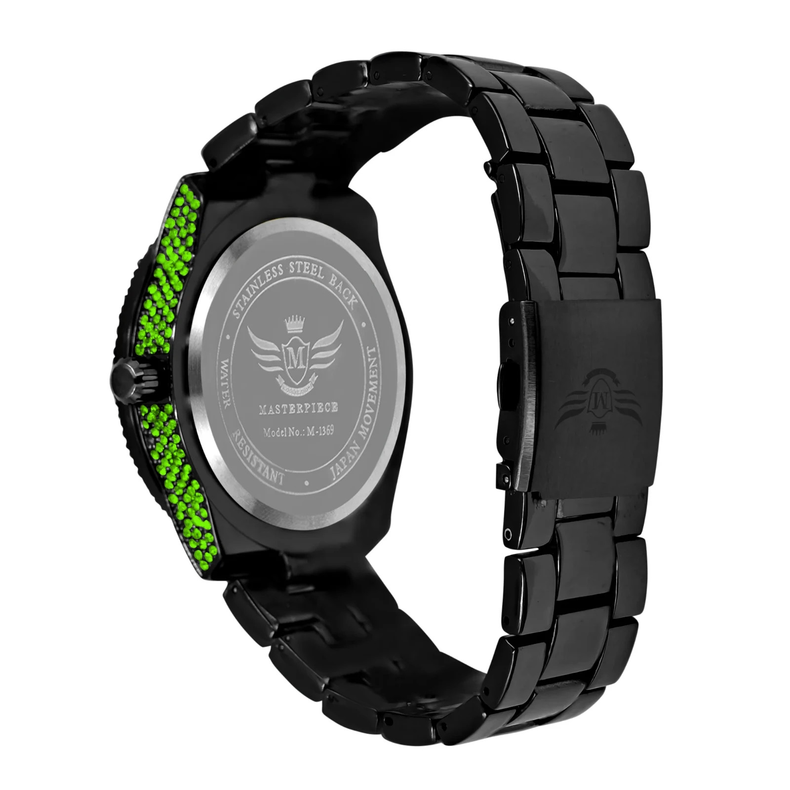 Mens Iced Out Green Baguette CZ Crystal Watch Black Hip Hop Quartz Date 39mm