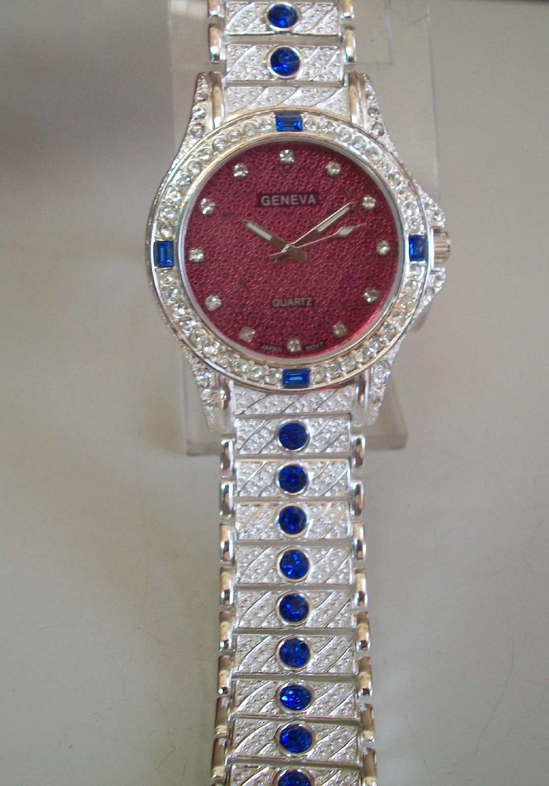 Men’s blue & clear bling silver finish red dial fashion dress up watch