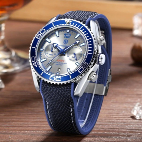 44MM QINGXIYA Quartz Diver Men’s Watch Nylon 30M Waterproof Date Luminous NEW