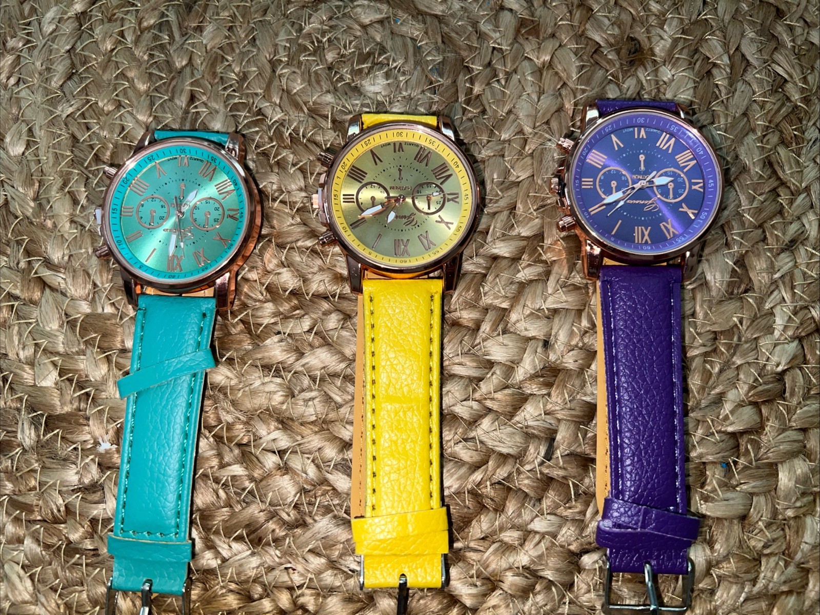 3 Pair Lot Of Fashion Watches Unisex Purple, Yellow, Green Untested L3
