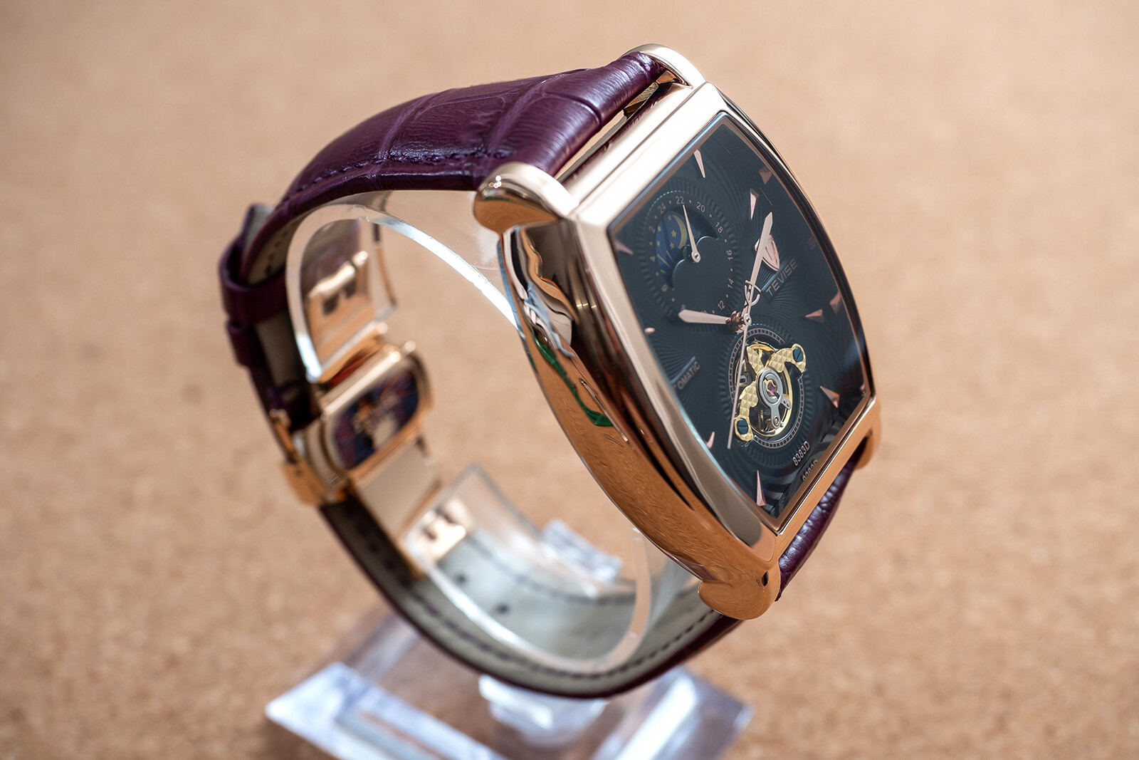 Mens Rose Gold Moon Phase Automatic Mechanical Watch Purple Leather 24HR Dial