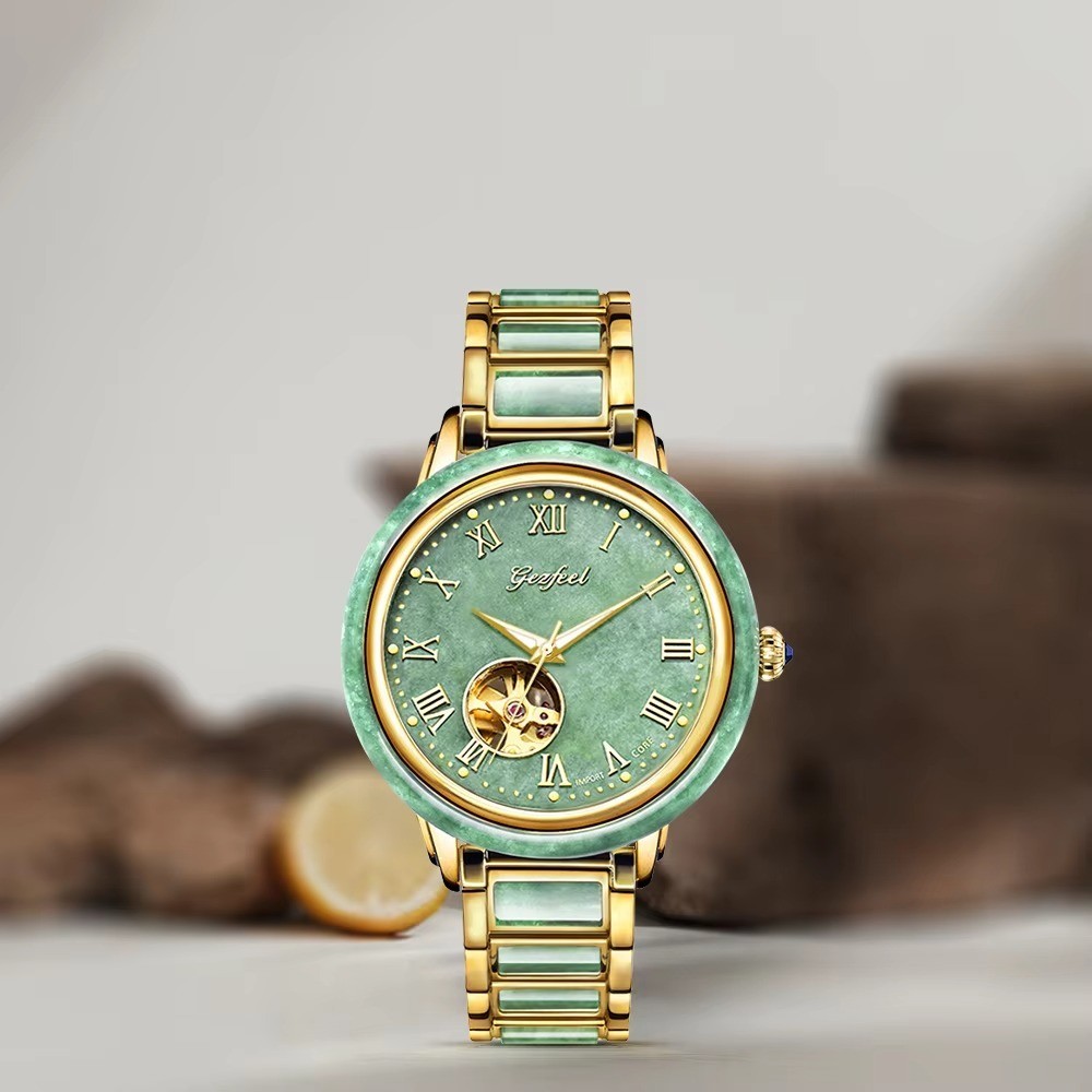 GEZFEEL Men’s Luxury Jade Automatic Skeleton Watch Miyota 82S0 3Bar Gold 43mm
