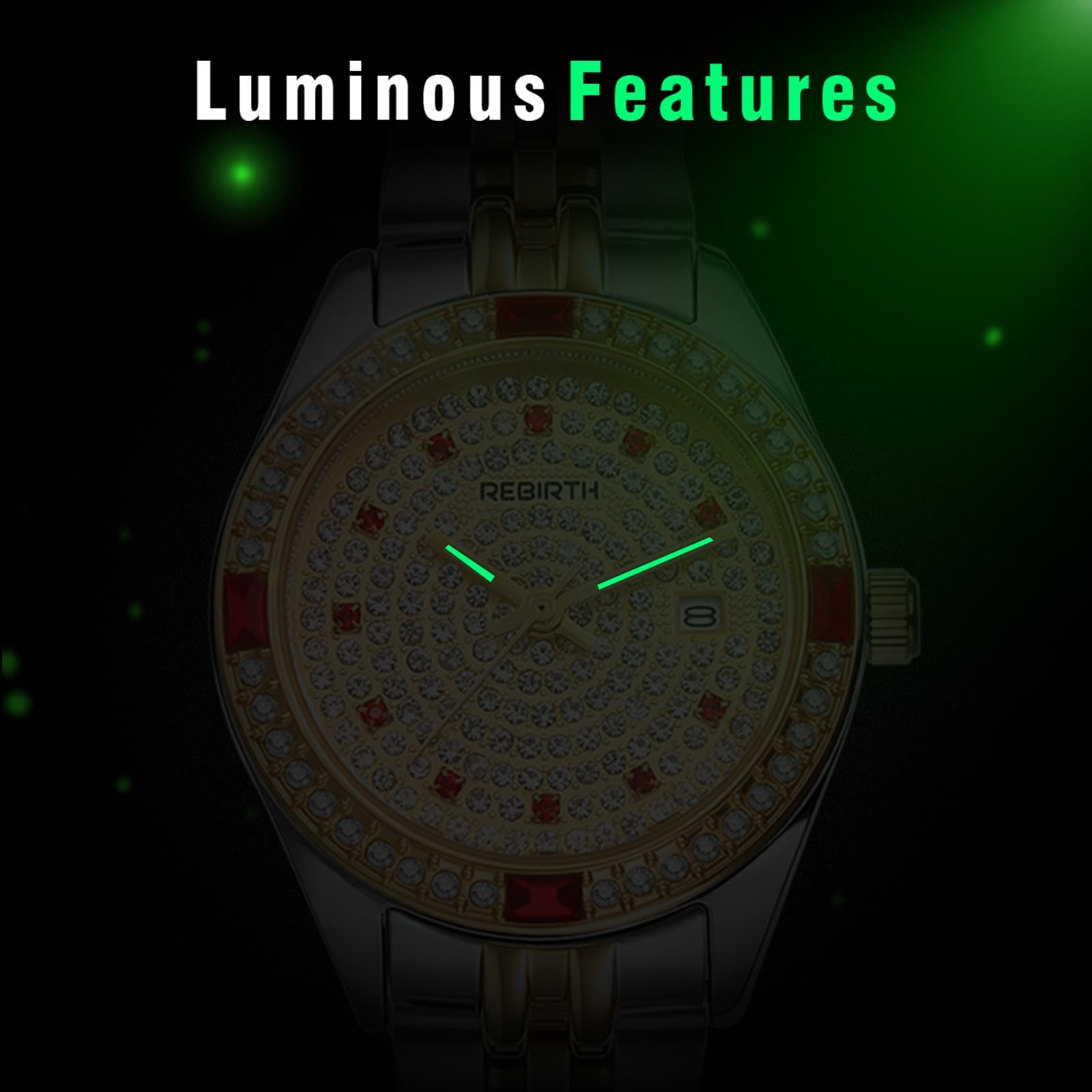 Women Daily Waterproof Red Rhinestone Calendar Stainless Steel Band Wrist Watch