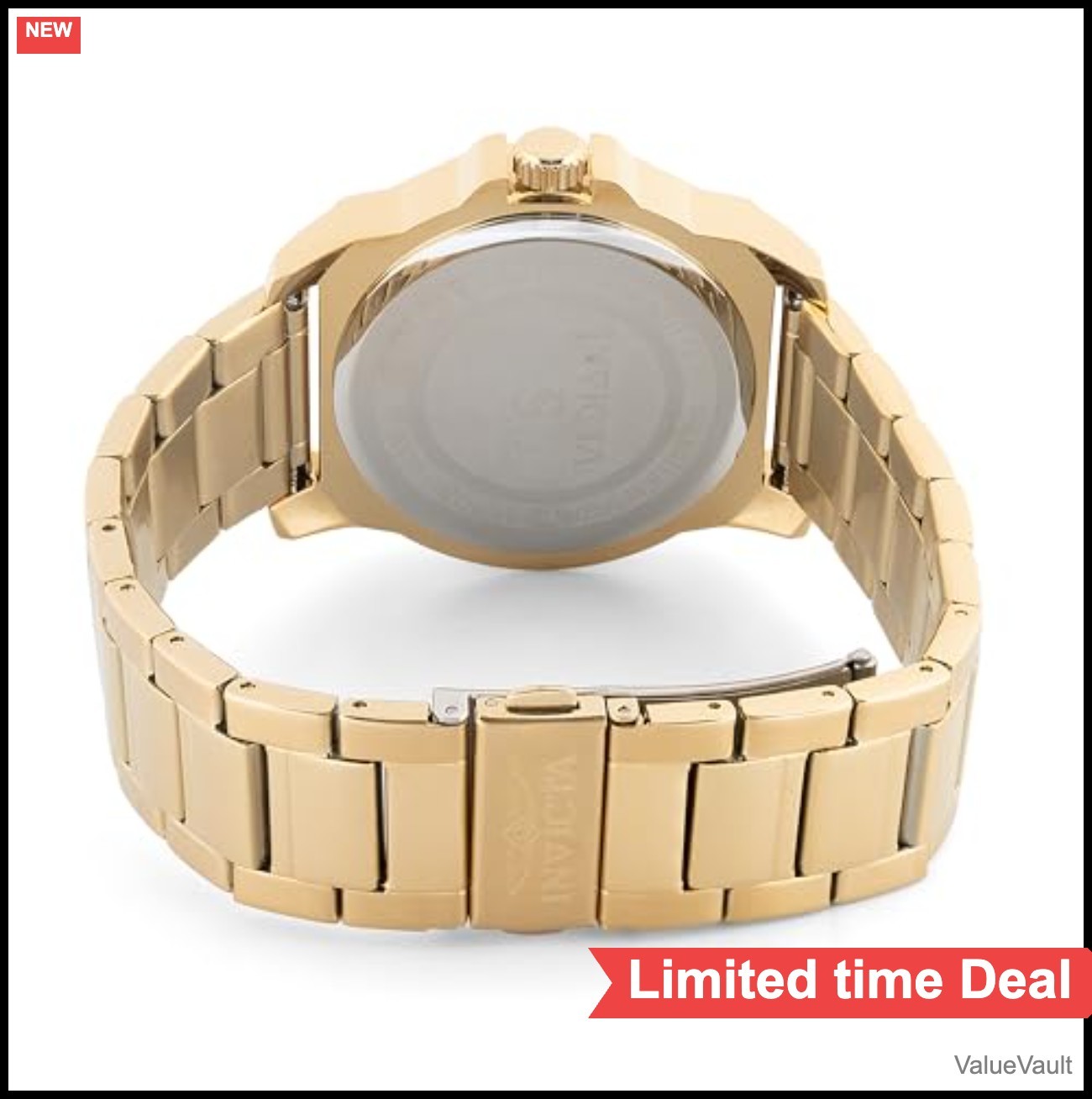 Men’s Quartz Watch 42mm Gold Stainless Steel Band 22mm Fold Over Clasp Push