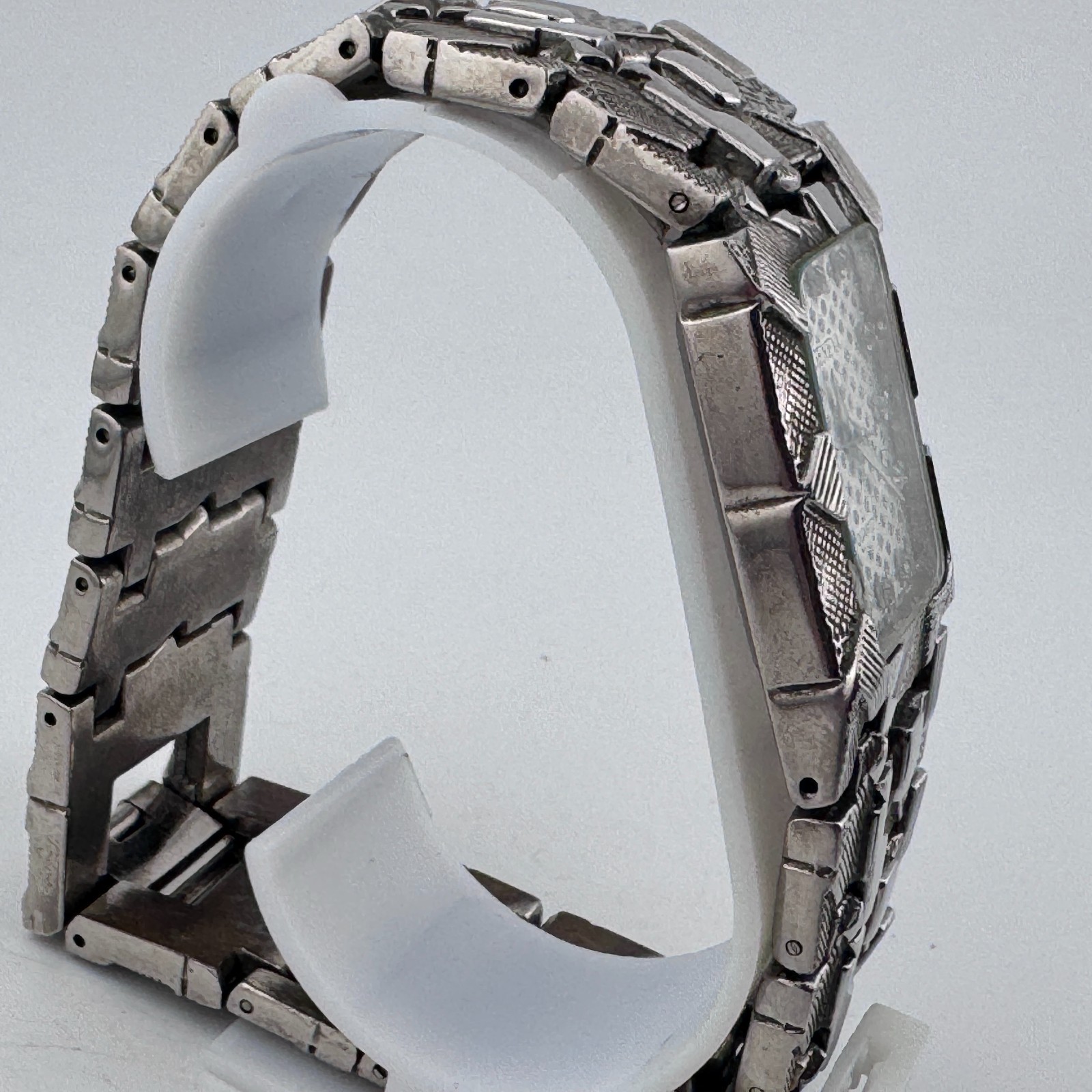 Vintage Geneva Quartz Watch Men Silver Nugget Rectangle Diamonds New Battery 8″