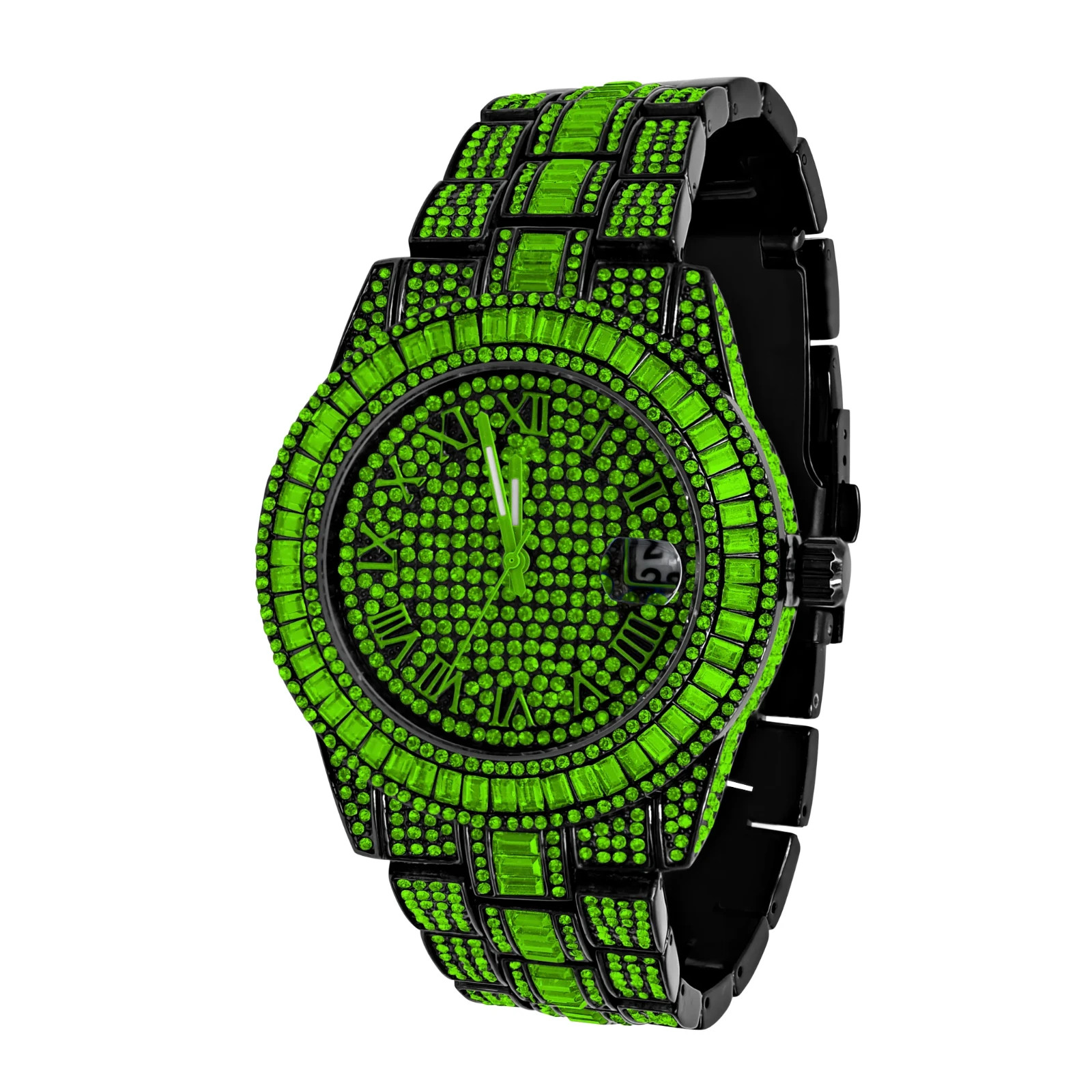 Mens Iced Out Green Baguette CZ Crystal Watch Black Hip Hop Quartz Date 39mm