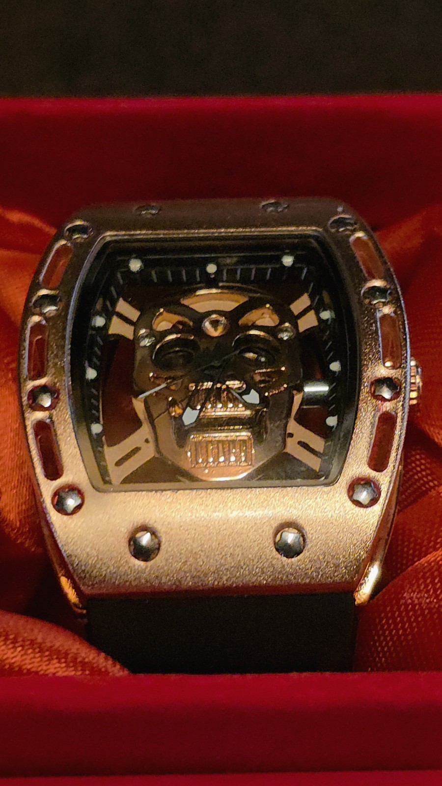 Skull Skeleton Dial envisioned by Tonneau GoldTone Case Black Rubber Strap w Box