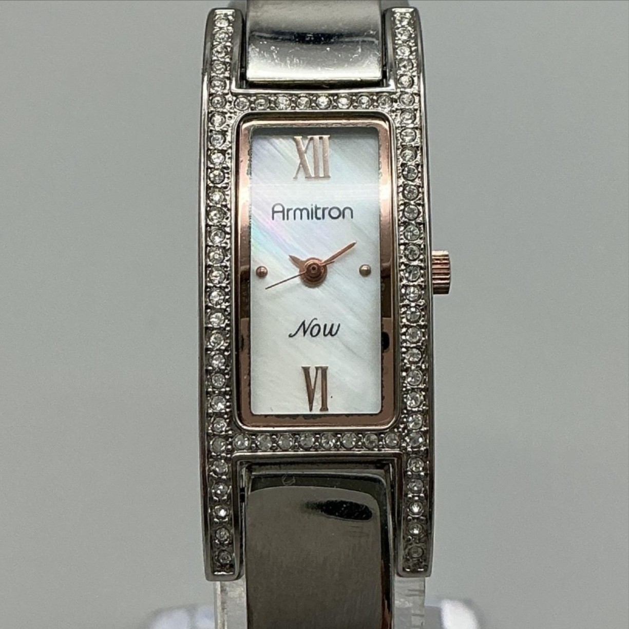 Armitron Now Womens Watch 15mm MOP Dial Silver Tone Crystals New Battery 6.75″