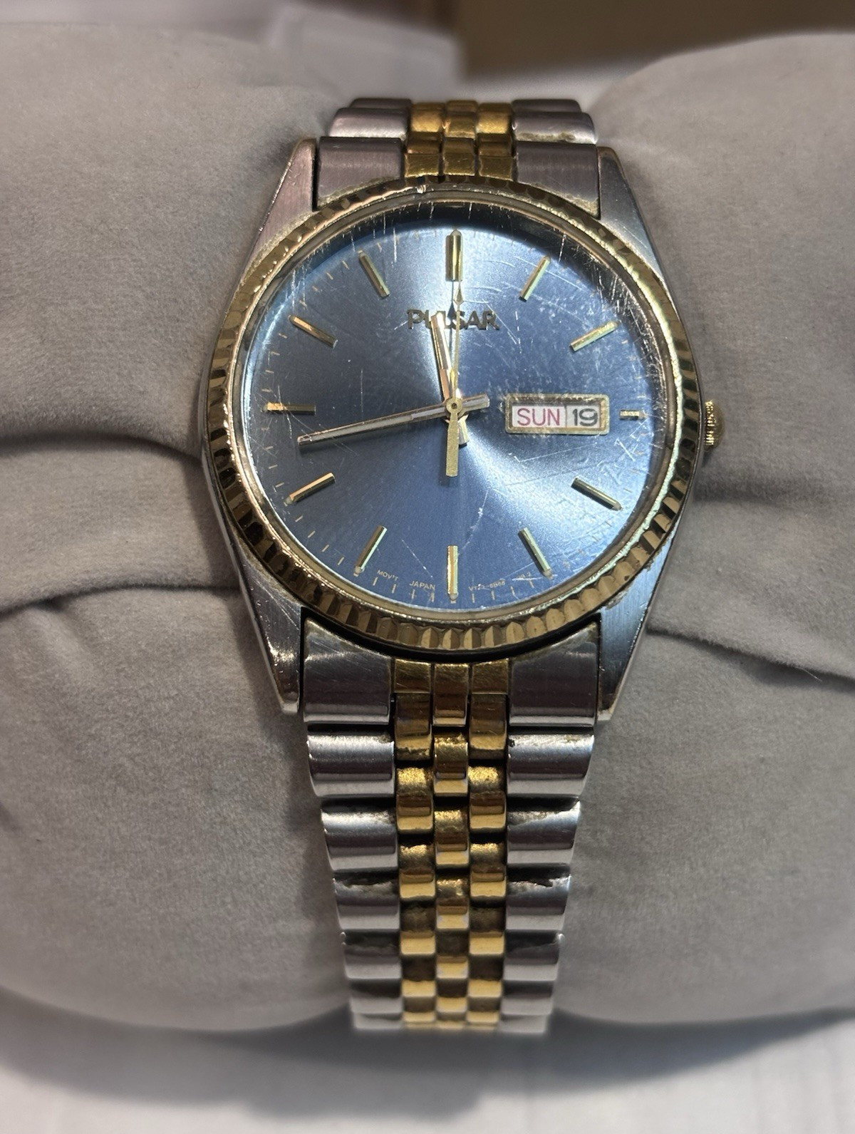 Pulsar V733-8A60 Analog Day/Date Blue Dial Two-Tone SS Bracelet Men’s Watch