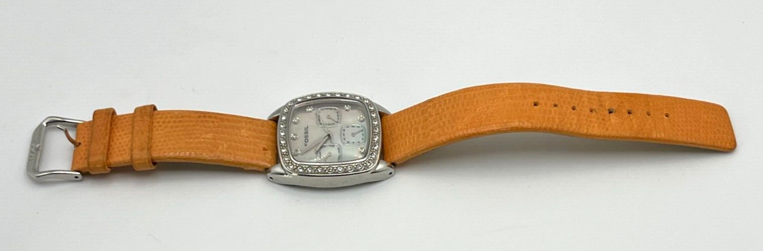 FOSSIL MOP Womens HI SPARKLE Watch SQUARE Tan LEATHER BAND ES 1009 New Batt READ