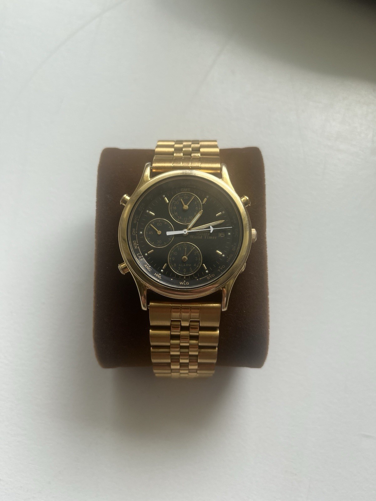Unique Vintage SEIKO GMT World Timer Mens Quartz Watch Gold Alarm Date 36 Mm