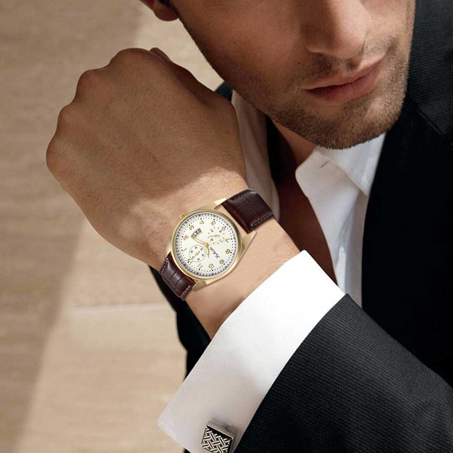 Leather Band Round Quartz Analog Elegant Classic Casual Men’s Wrist Watch New