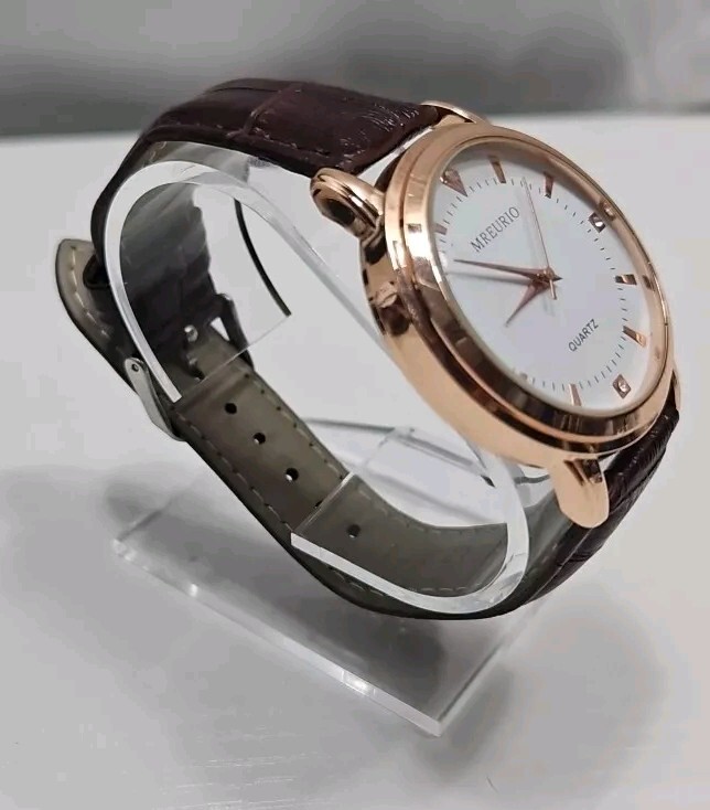 Mreurio White Dial Rose Gold Tone Case Brown Leather Band MensWatch New Battery