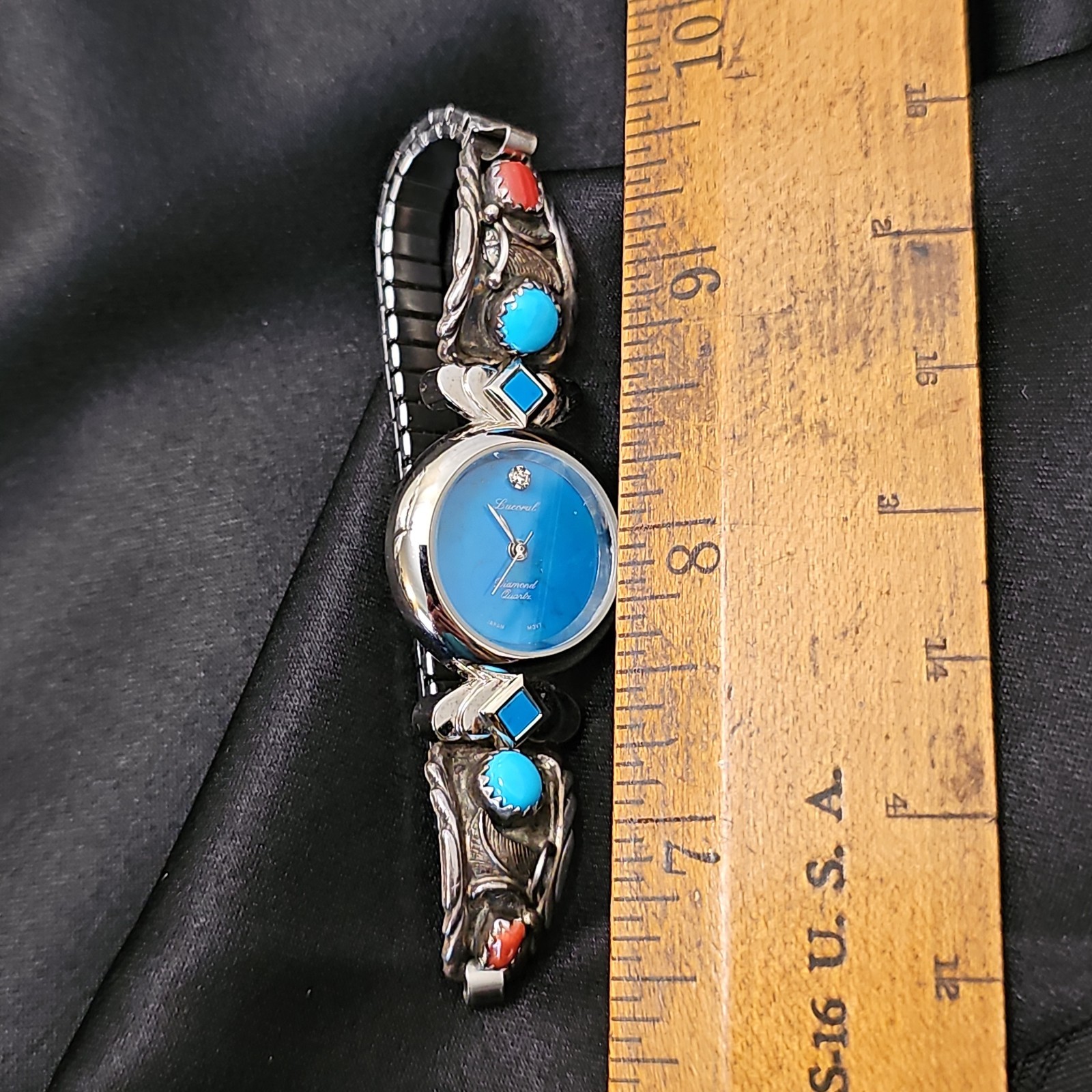 VINTAGE 168 LUCORAL TURQUOISE CORAL WATCH STERLING SILVER BAND SIGNED Untesed