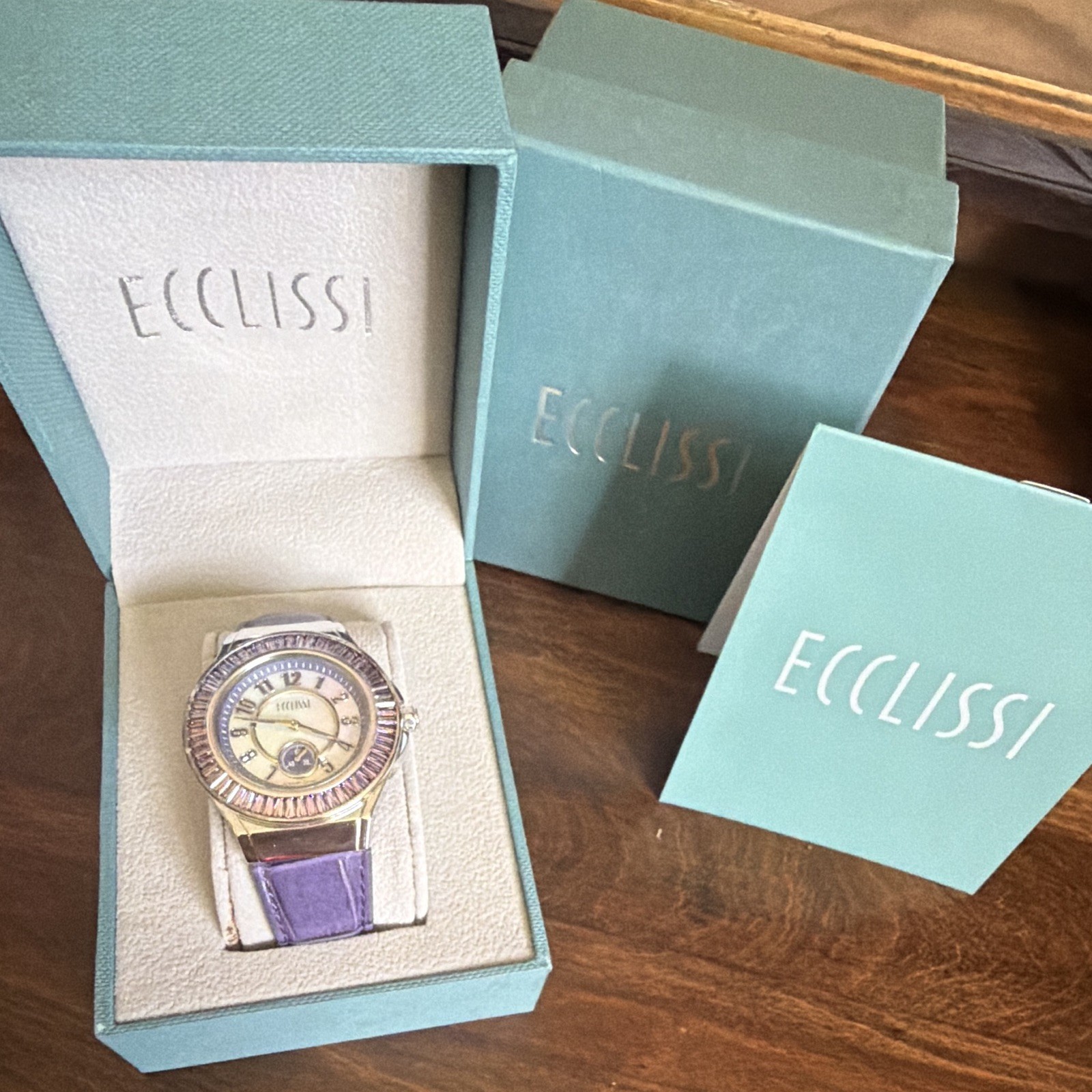 Ecclissi Women’s Quartz Watch Purple Leather Strap Sterling Silver w/ Box