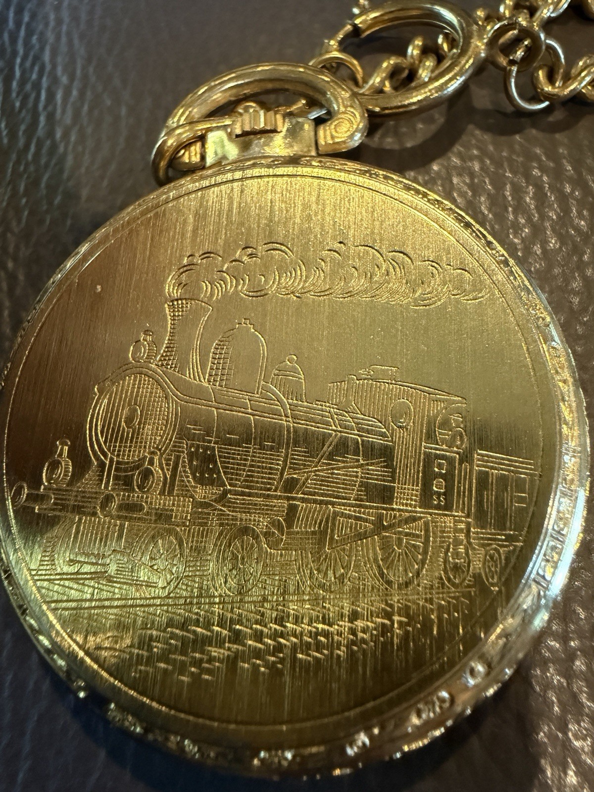 Vtg. 1970’s KMC QUARTZ West Germany TRAIN engraved POCKETWATCH