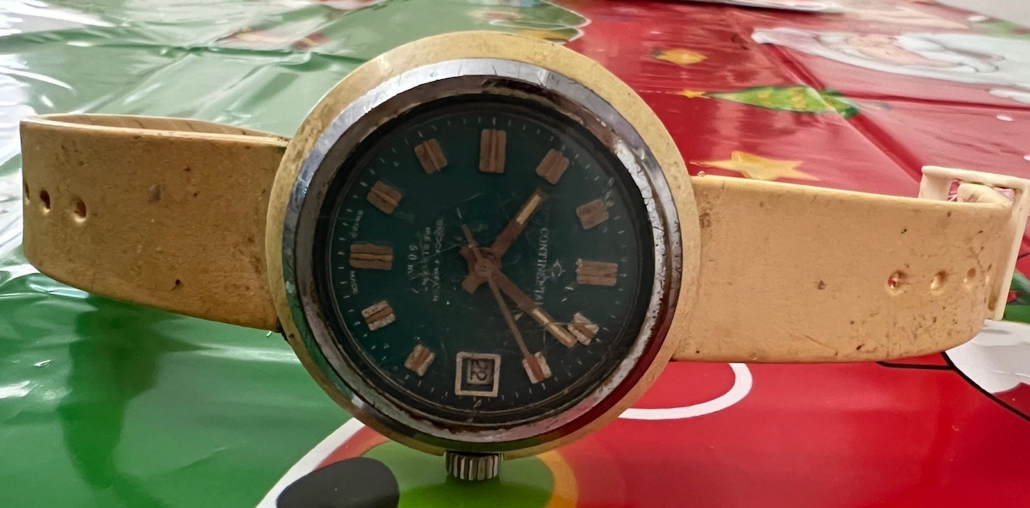 Vintage Continental Watch Green Dial & Yellow Rubber Strap Swiss For Restoration