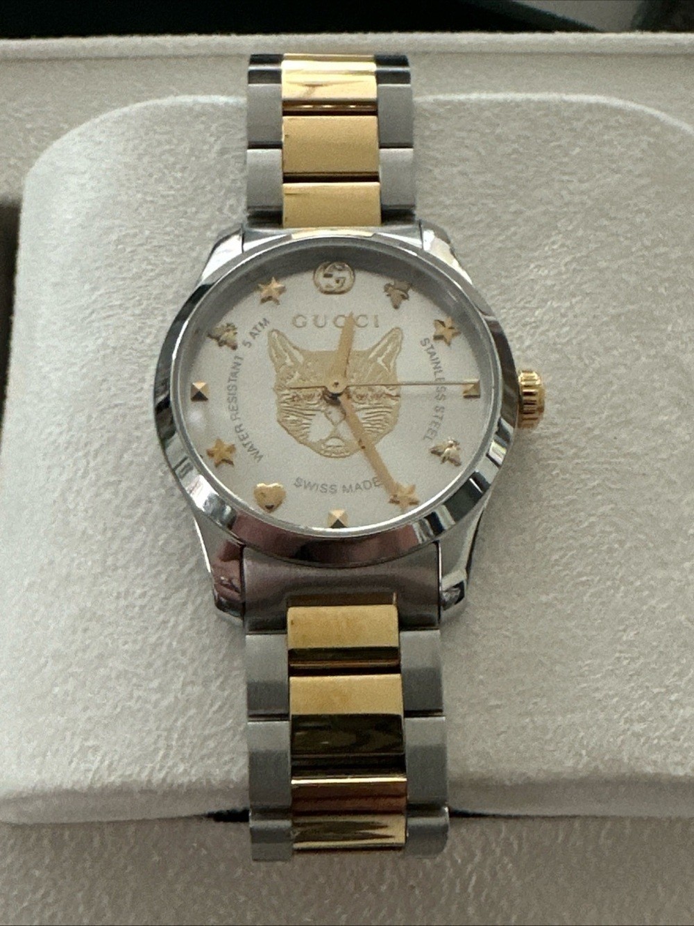 Gucci Silver and Rose Gold Cat Dial Watch