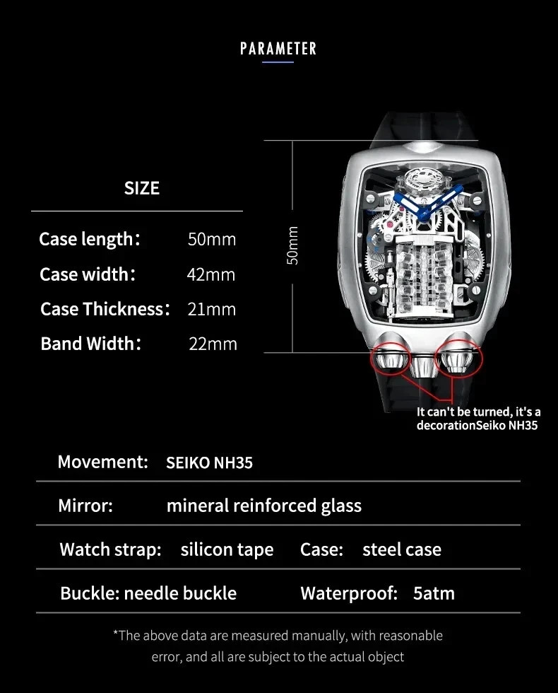 🔥USA🔥Design BUGATTI STYLE Engine 16 Cylinder Men’s Seiko NH05 Automatic Watch