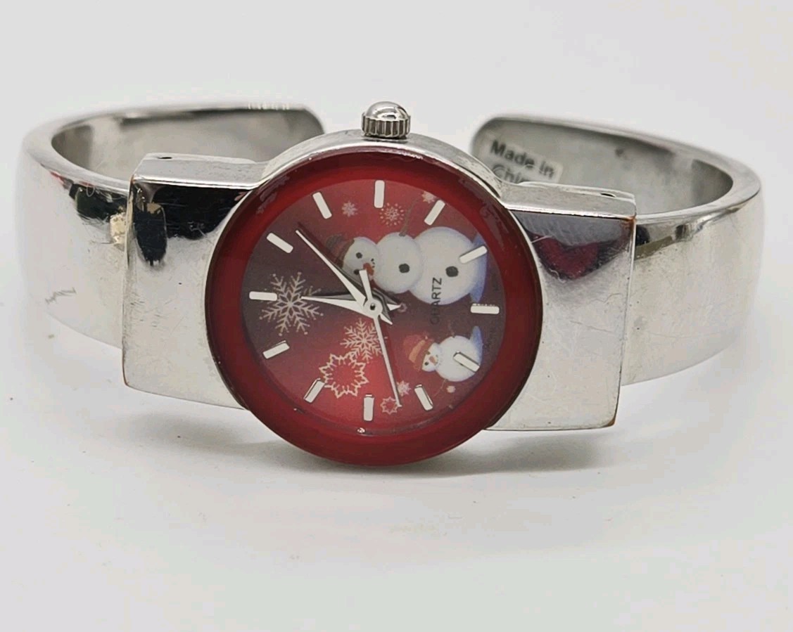 Snowman Watch CHRISTMAS HOLIDAY GIFT Silver Tone New Battery Cuff Bracelet Band