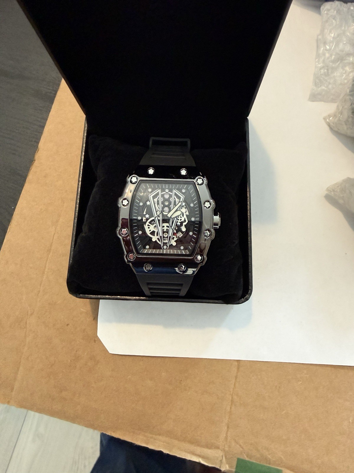 Tonneau Skeleton Analog Wristwatch Silver Case Black Rubber Strap w/ Box