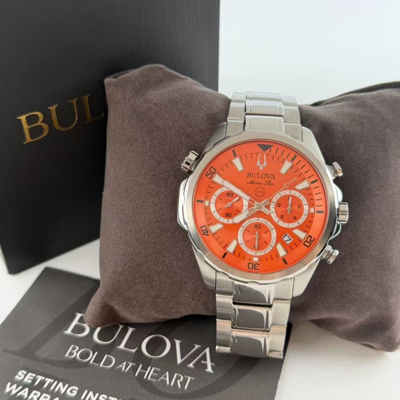 Bulova Marine Star 96B395 Men’s Chronograph Quartz Watch Orange Dial 44 mm