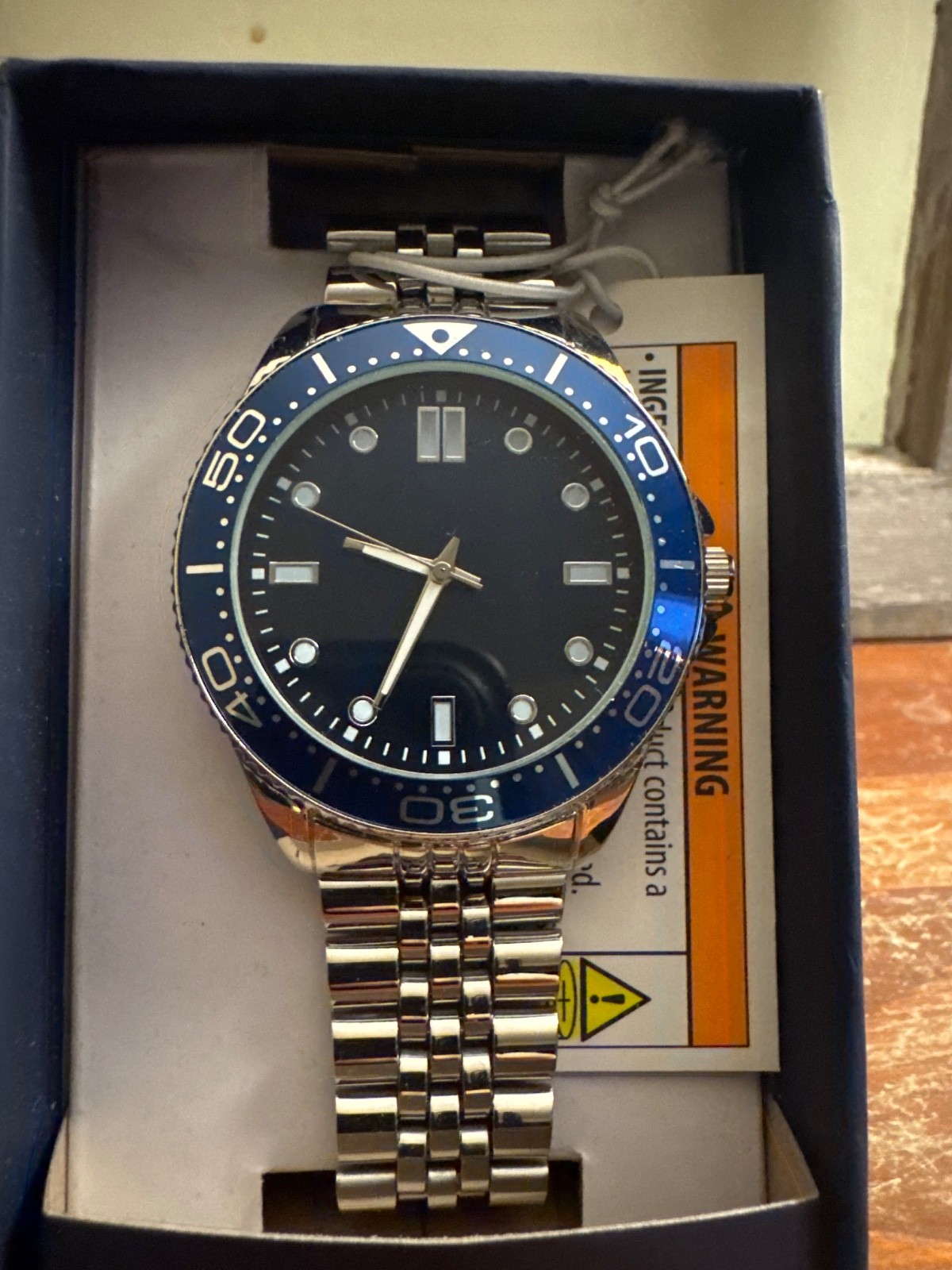 George Men’s Round Silver Analog Watch Blue Bezel Black Dial Metal Band