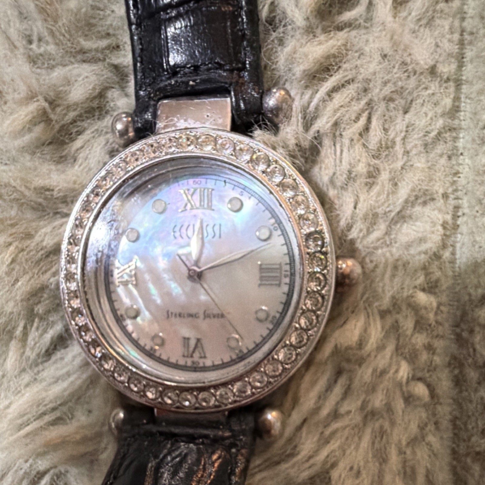 Ecclissi Women’s Wristwatch Sterling Silver Black Leather Band Mother of Pearl …