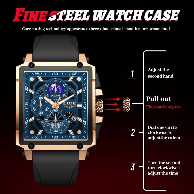 Men’s Watches Square Date Moon image Luminous Dial 3ATM Waterproof Wristwatch