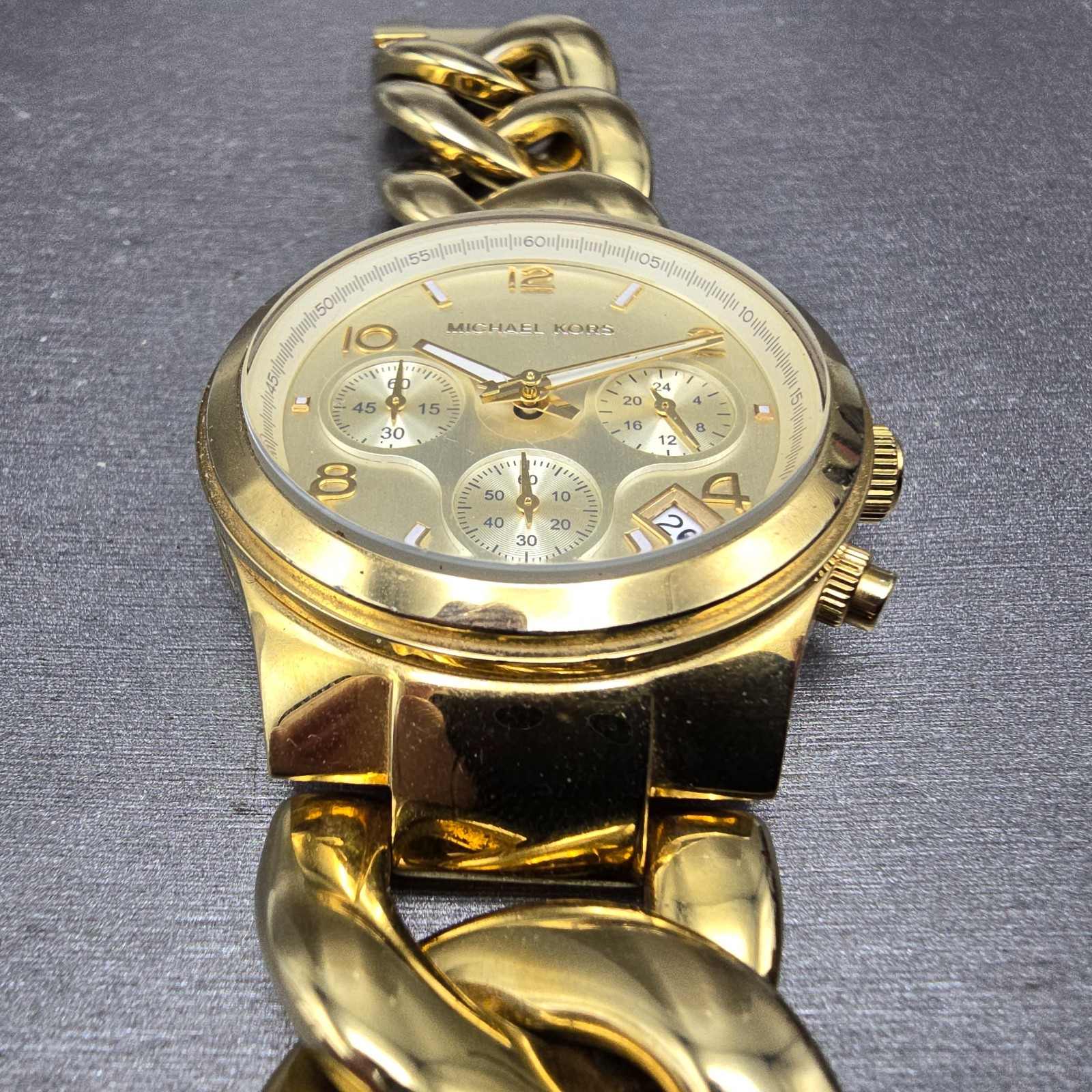 Michael Kors Runway Chronograph Watch Women 38mm Champagne Dial Gold Tone Runs