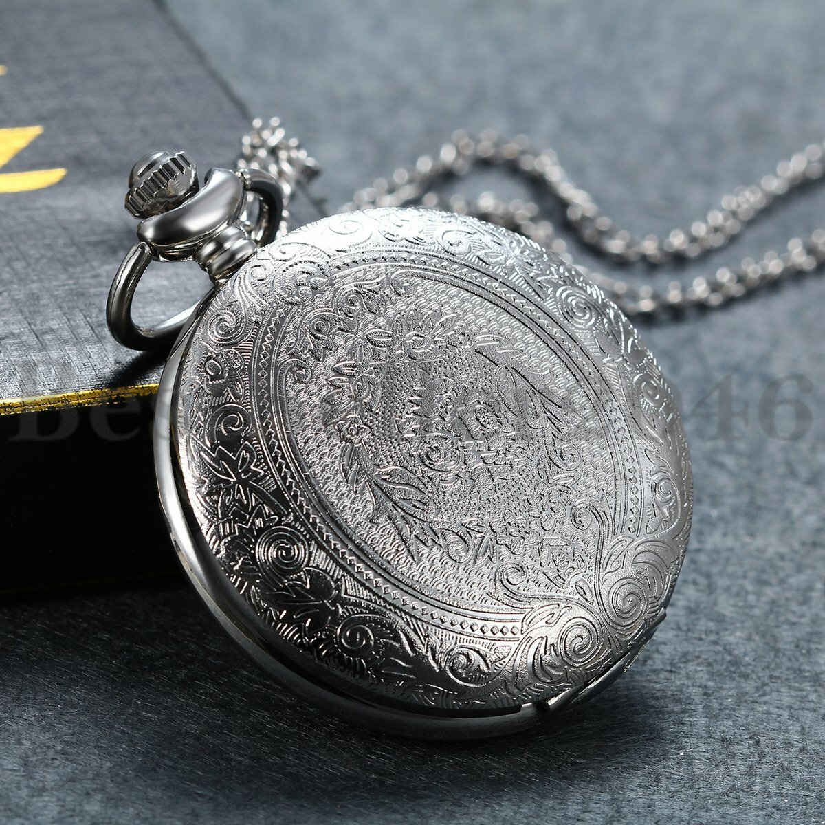 Vintage Pocket Watch Quartz Pendant Necklace Steampunk Carved Pattern 24H Dial