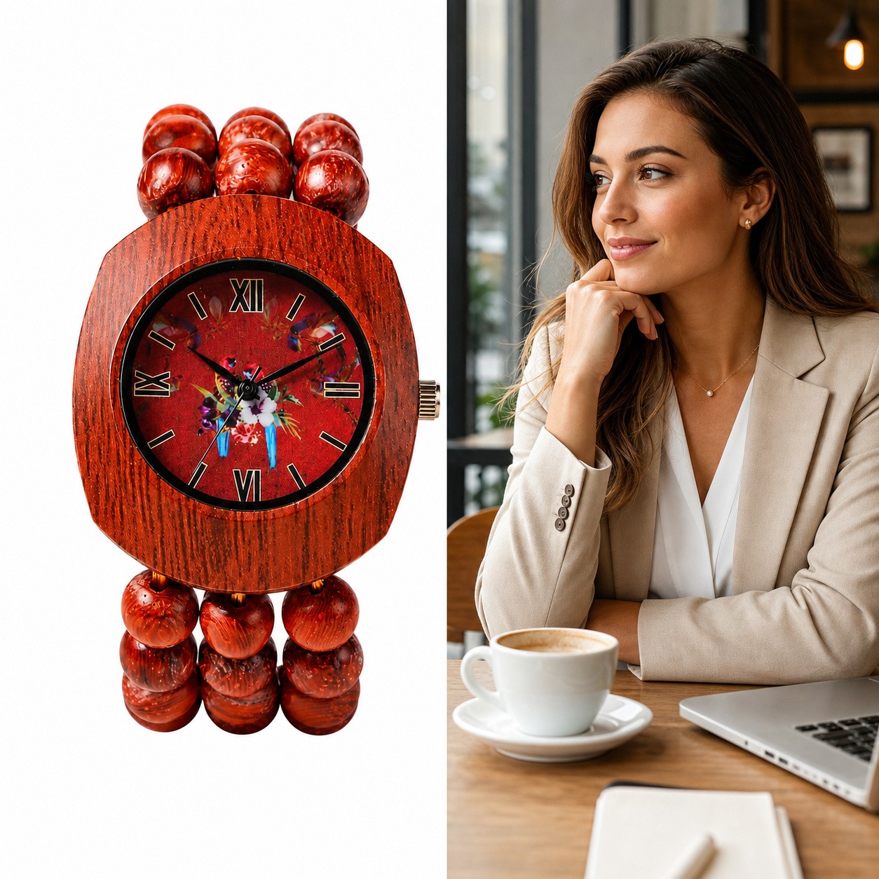 Women’s Bohemian Tonneau Wood Beaded Band Floral Dial Analog Quartz Wrist Watch