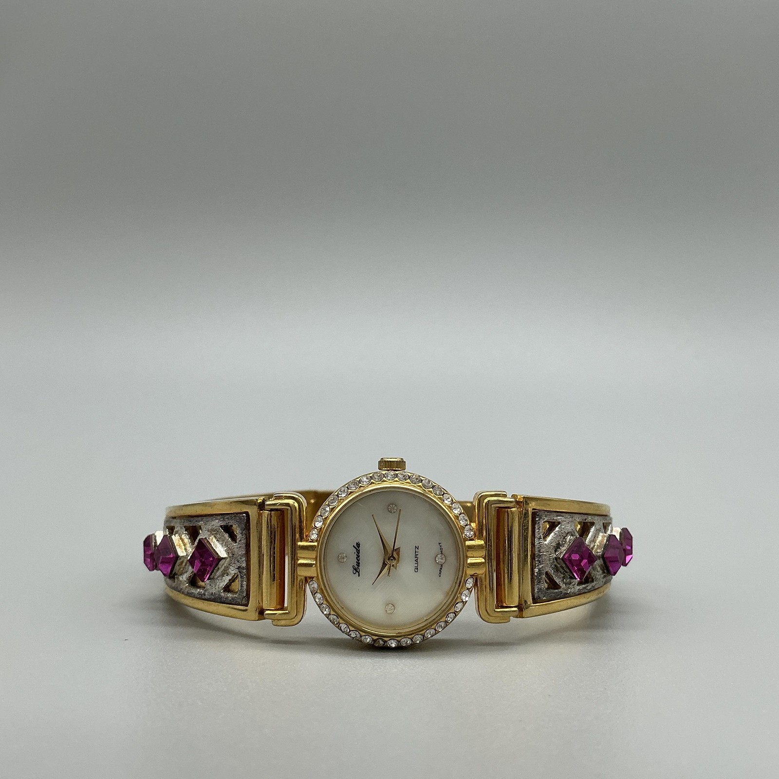 Vintage Lucida Womens Watch 21mm MOP Gold Bangle Pink Crystals New Battery 6.75″