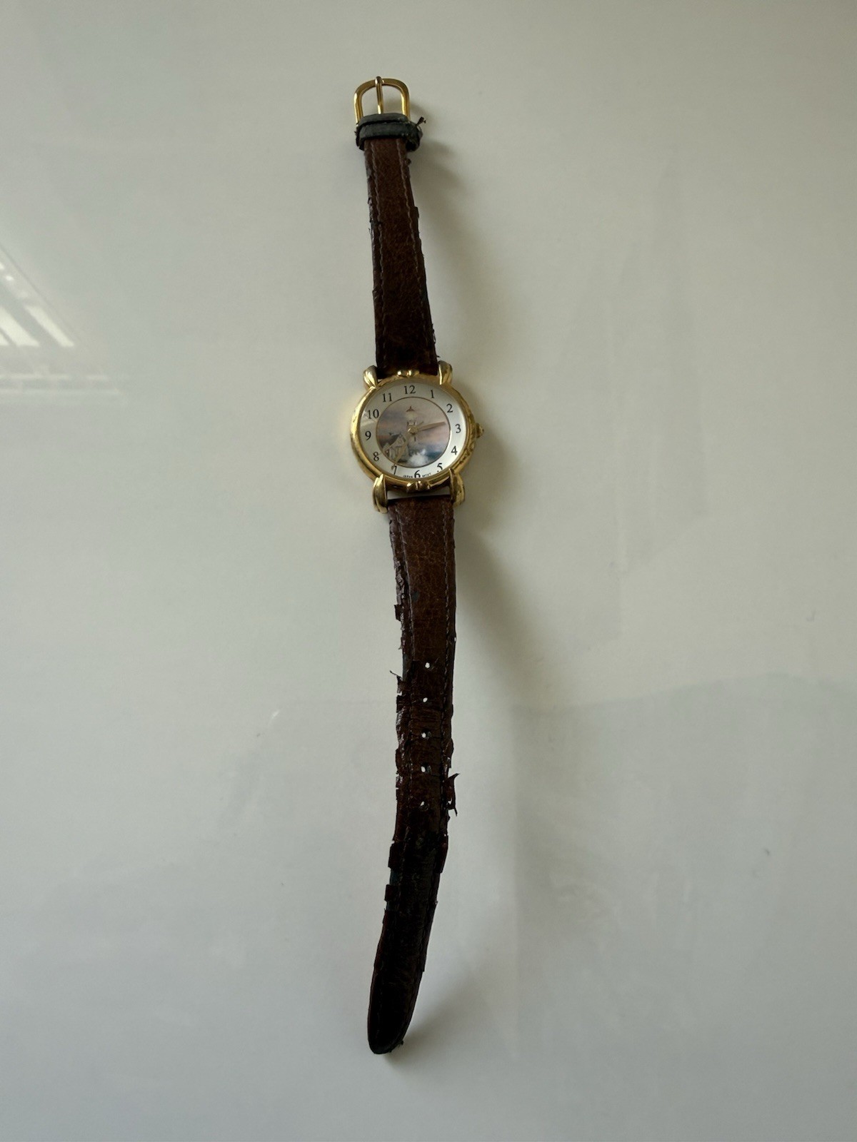 Thomas Kinkade Gold Tone Analog Quartz Watch Brown Leather Band Lighthouse Theme