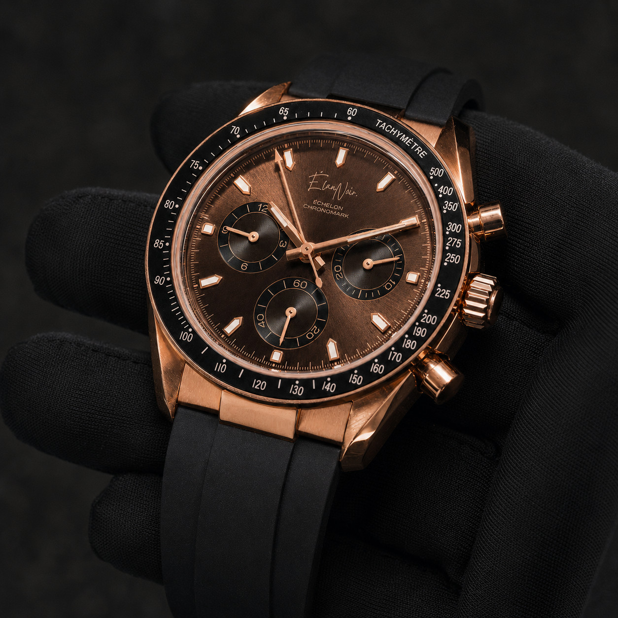 Élan Noir Chronograph Espresso & Rose Gold 41mm – VK63 Silicone Strap Stainless