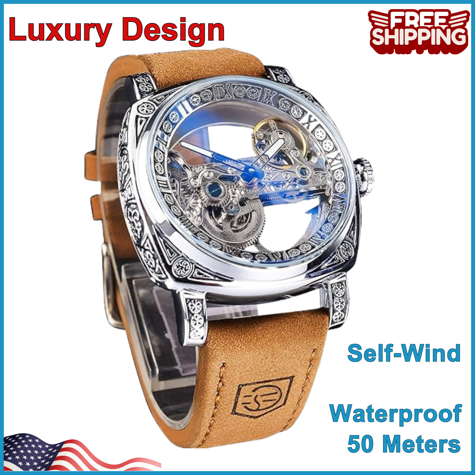 Men’s Luxury Hollow Skeleton Automatic Watch, Vintage Leather Strap Wristwatch