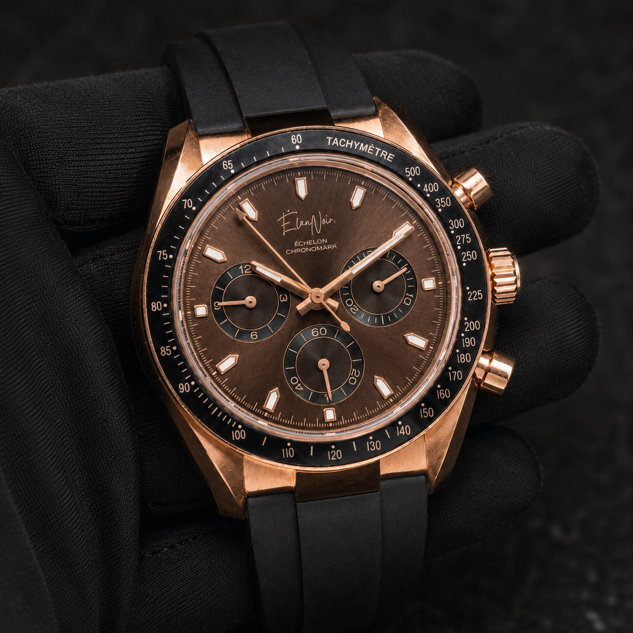 Élan Noir Chronograph Espresso & Rose Gold 41mm – VK63 Silicone Strap Stainless