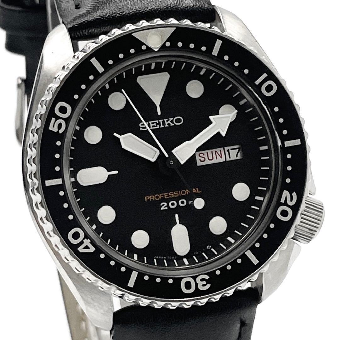 SEIKO 7C43-7010 Quartz 42mm SS Black Dial Day-Date 200m Diver Mens Watch 1990