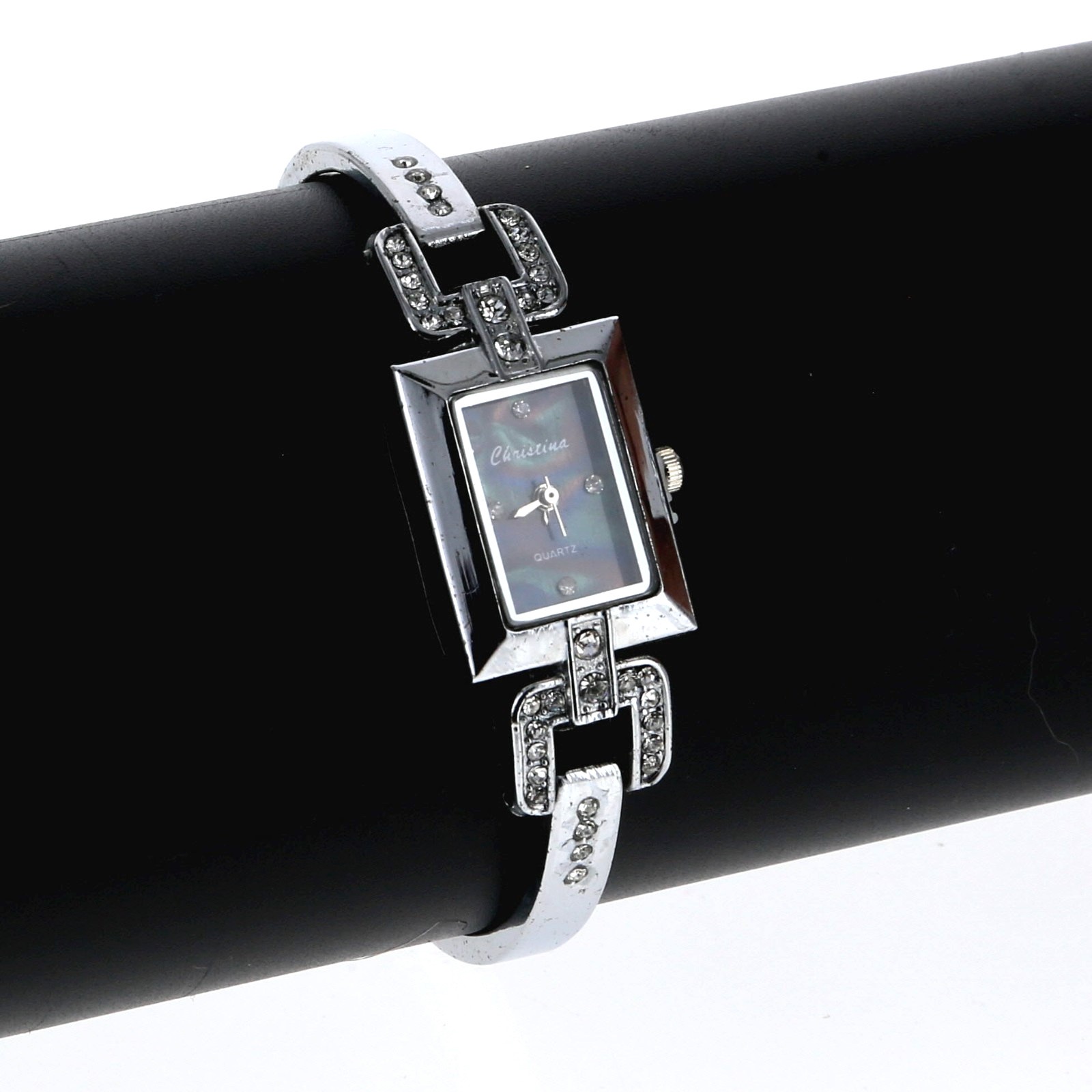 Silver Rhinestone Crystal Bracelet Watch 19mm x 24.3mm Blue Mother of Pearl Dial
