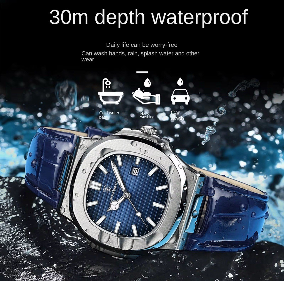 Poedagar 613 Men’s Analog Quartz Luminous Watch With Date Genuine Leather Blue