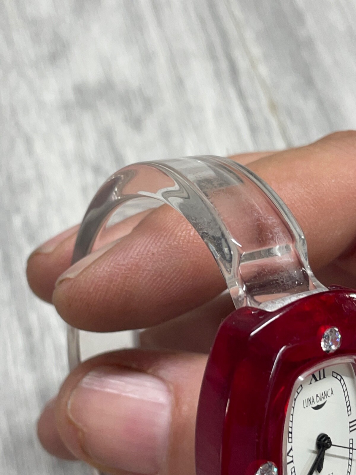Luna Bianca Watch Clear Lucite Bracelet ITALIAN Red Face New Battery
