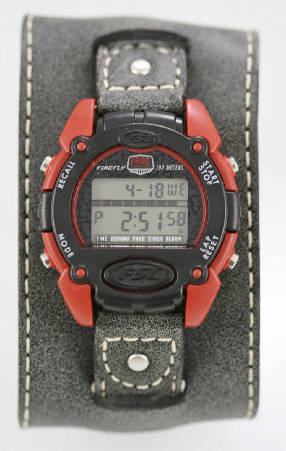 Fossil Watch Mens Chrono Light Alarm Date Gray Leather Red Black 100m Quartz