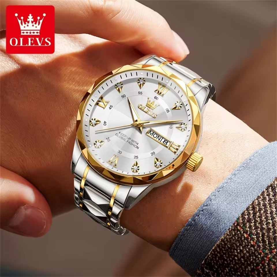 OLEVS Men’s Luxury Quartz Watch White Gold Stainless Steel Waterproof Roman Dial