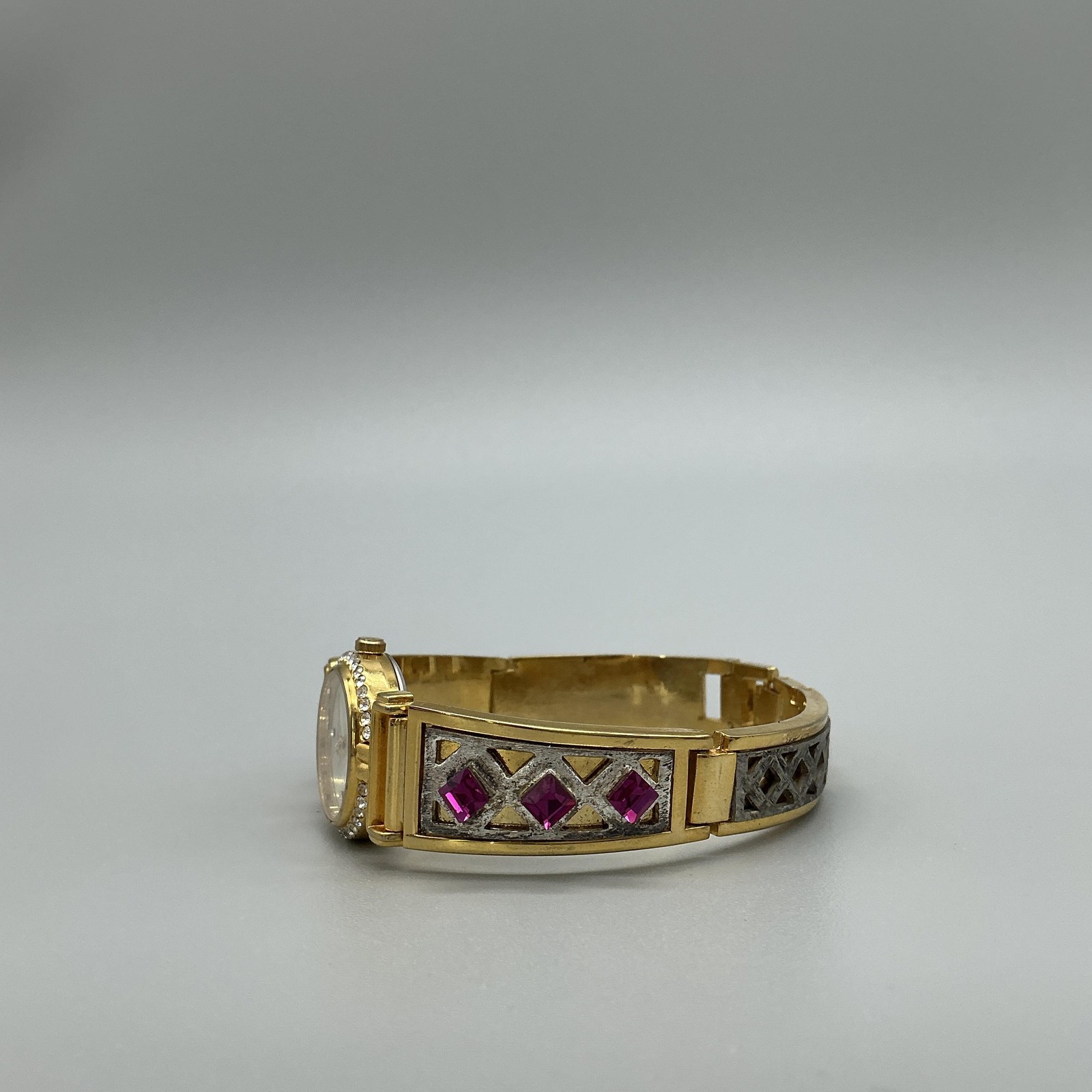 Vintage Lucida Womens Watch 21mm MOP Gold Bangle Pink Crystals New Battery 6.75″