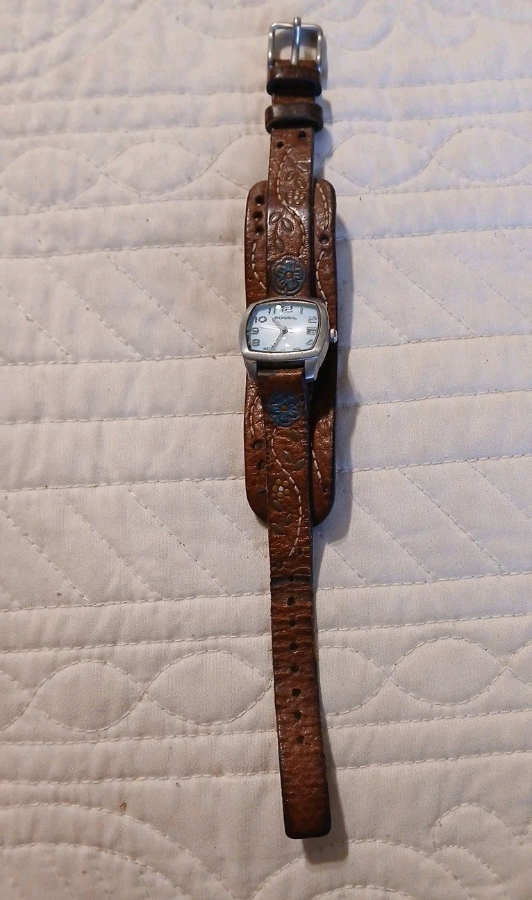 Fossil Blue Dial Square Case Brown Leather Wrap Watch Date