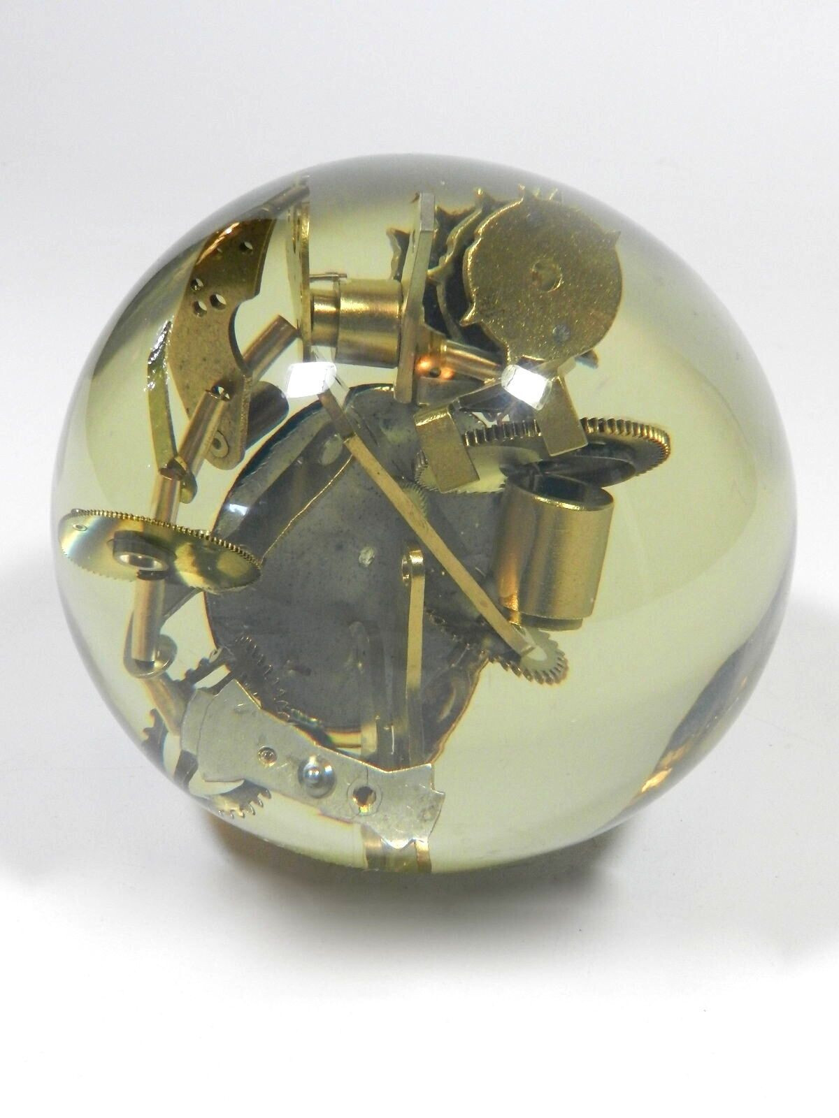 Vintage Lucite Embedded Brass Watch Parts Ball Sculpture Resin Acrylic Sphere