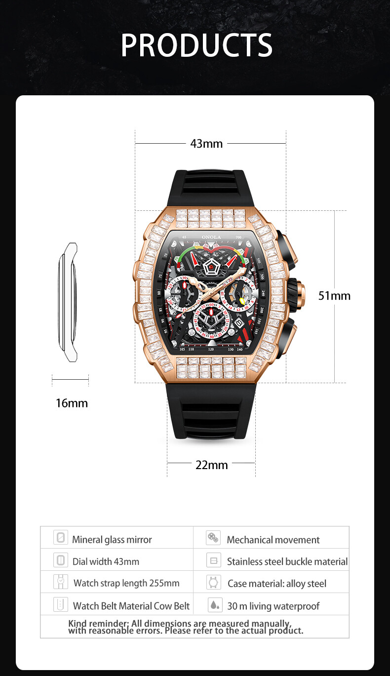ONOLA Tonneau Hollow Pavé CZ Multifunction Week/Month Automatic Mechanical Watch
