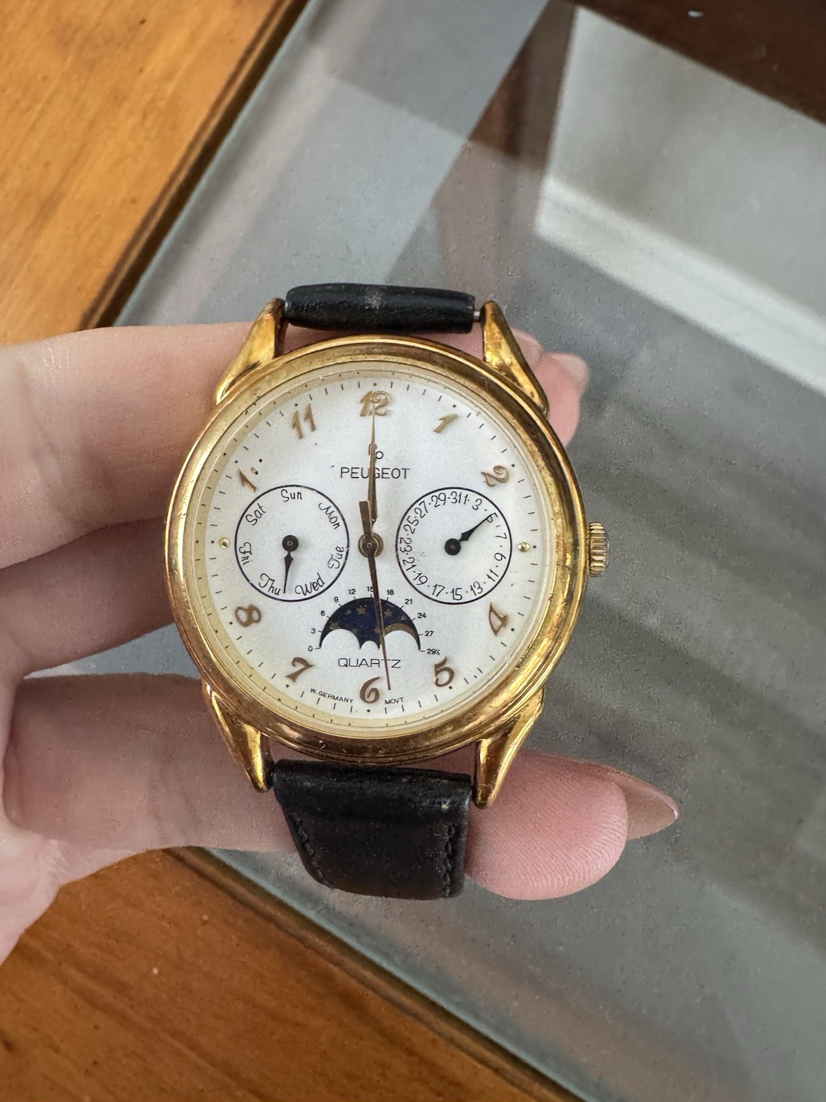 Vintage Peugeot Moon Phase Watch W. Germany Movt Gold Tone Multi-Function Quartz