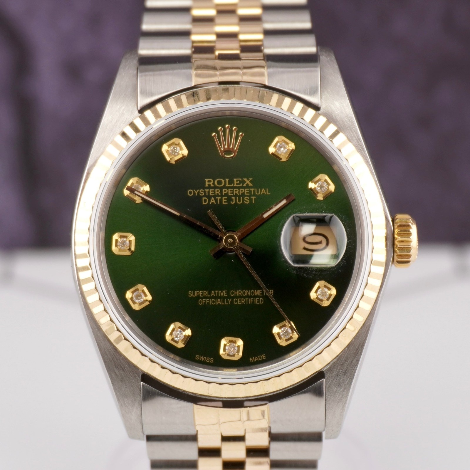 Rolex Datejust 36mm Yellow Gold Fluted Green Diamond Dial Jubilee Watch