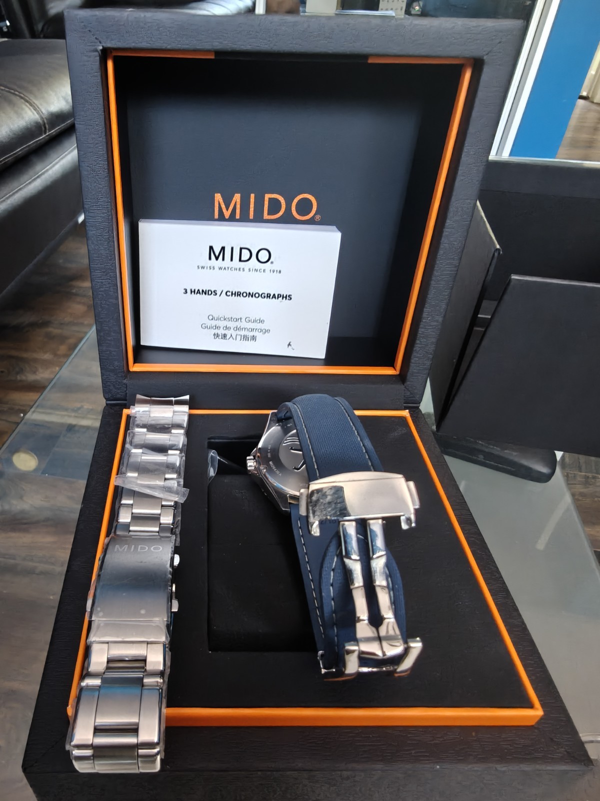 MIDO Ocean Star Auto Blue Dial 200m Date S/S Watch Box Extra Bracelet
